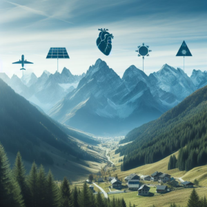 AI generated Image of a mountain town with technology innovation clusters of Medical, Space, and Sustainability.